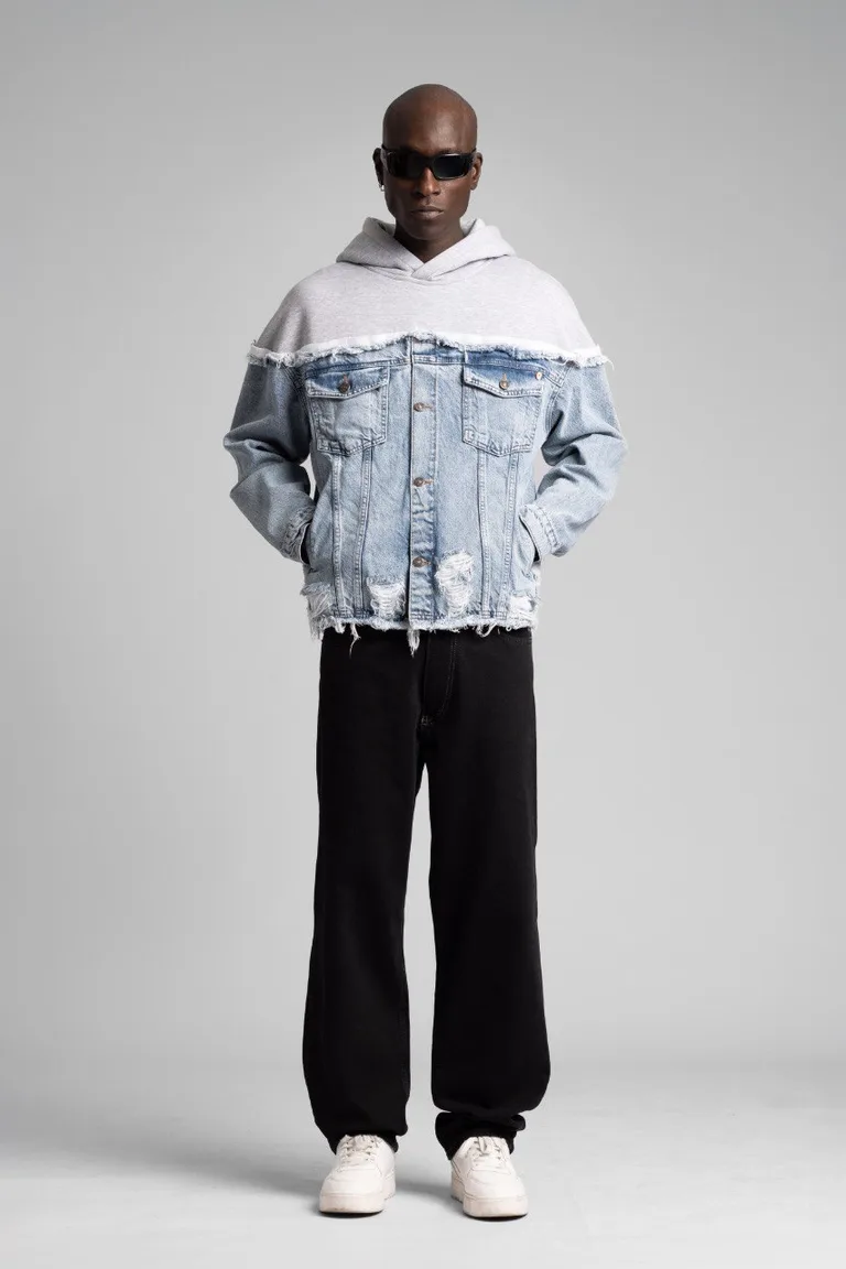 Jachetă Denim cu Glugă și Detalii Deteriorate
